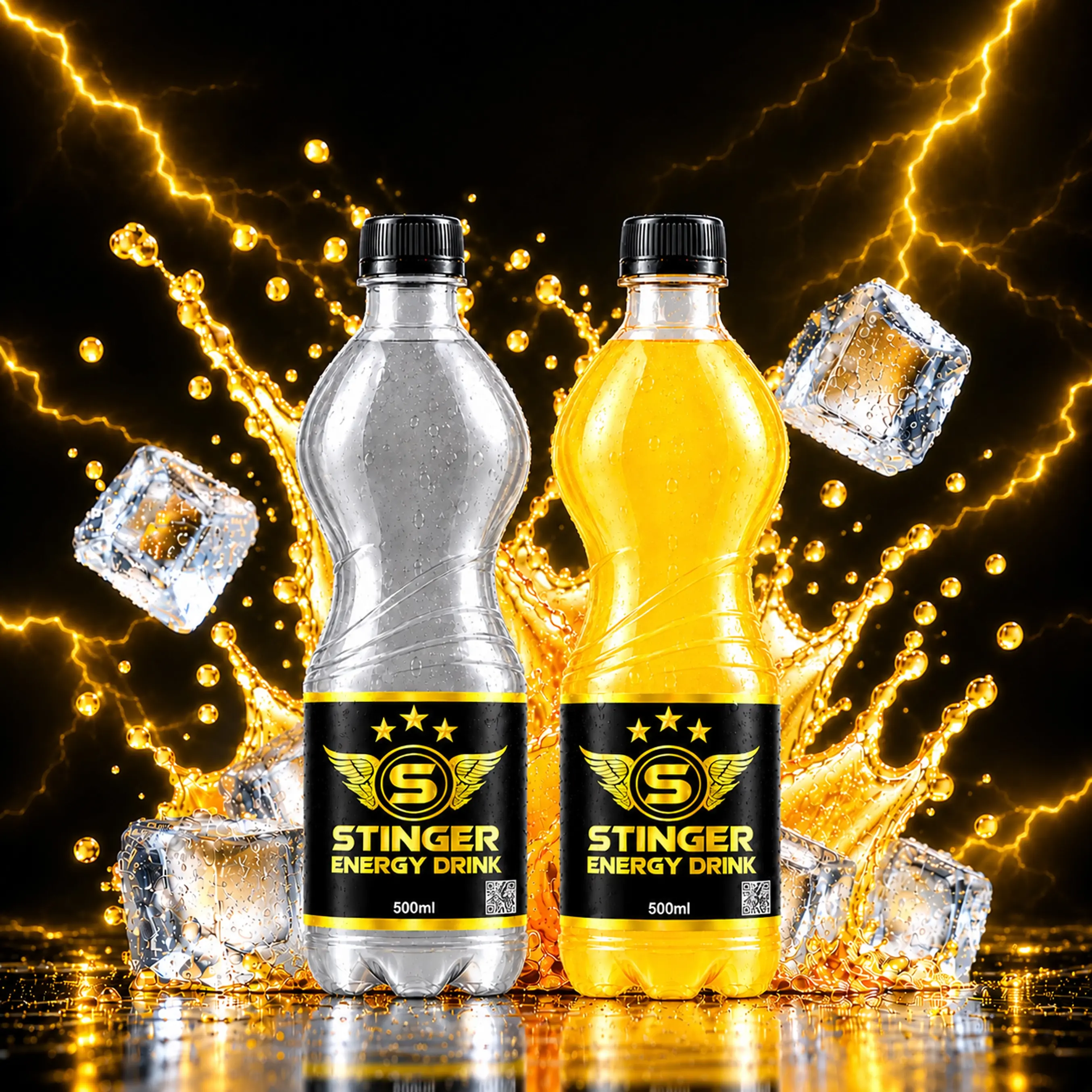 STINGER Energy Drink 500 ml clear and golden PET bottles with golden splash, ice cubes and lightning background.